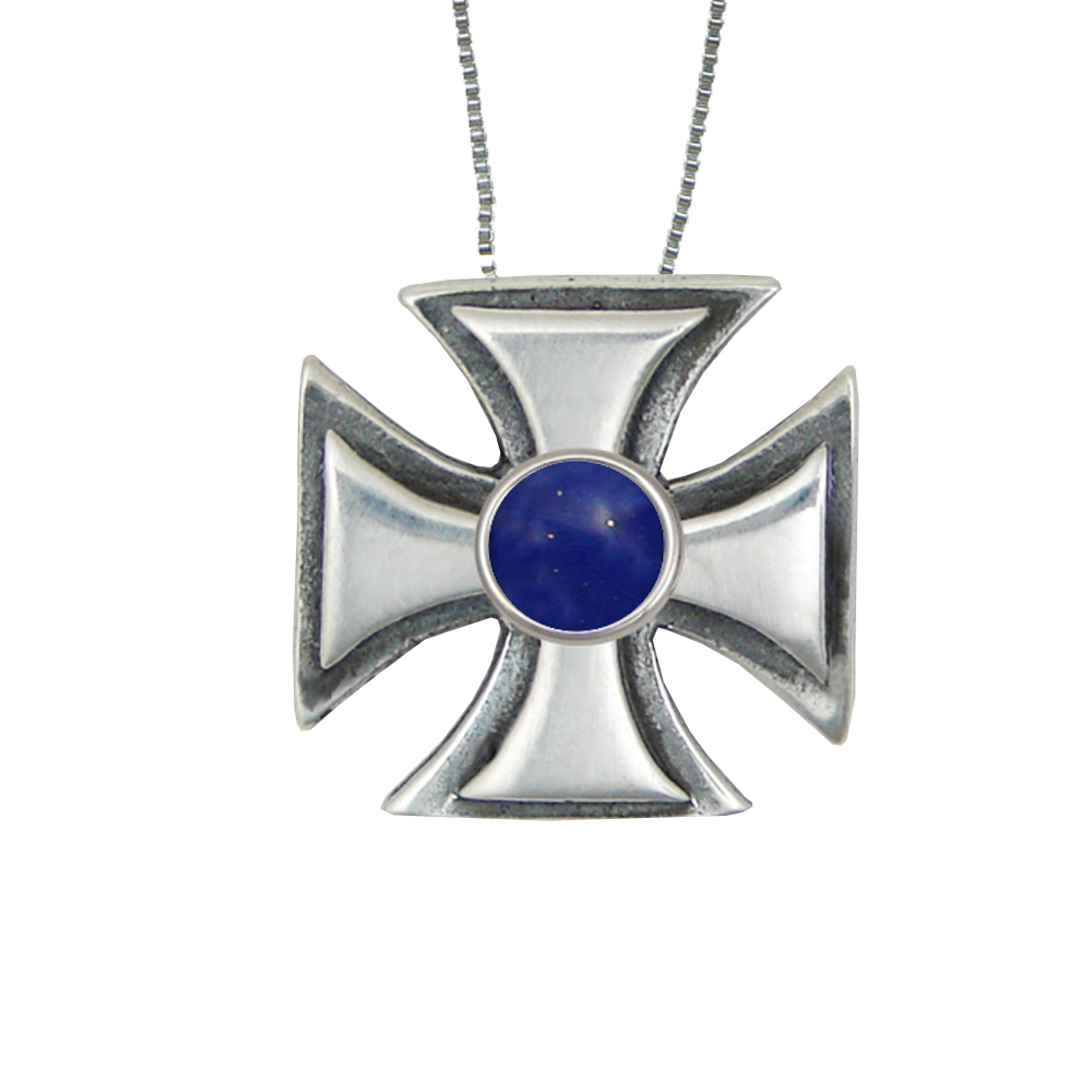 Sterling Silver Iron Cross Pendant With Lapis Lazuli